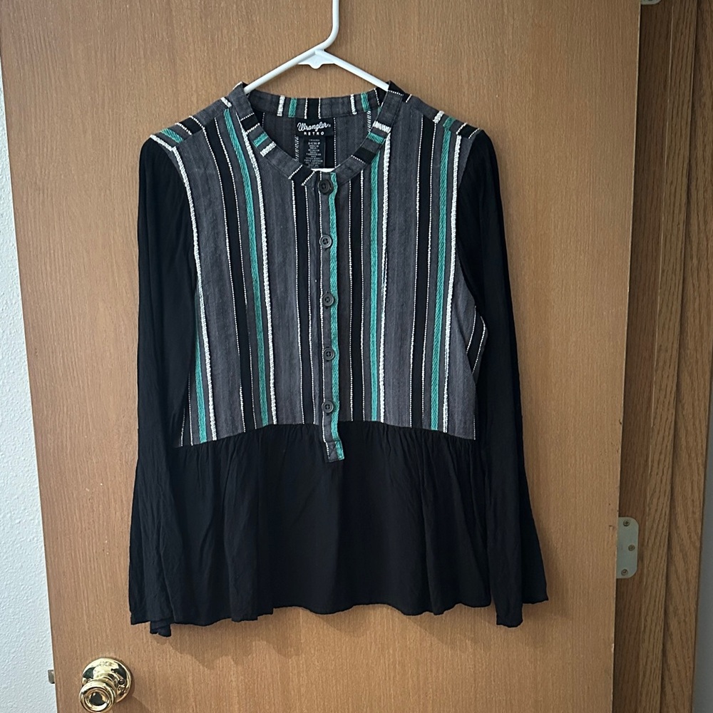 Wrangler Black and Green Striped Button Down Shirt